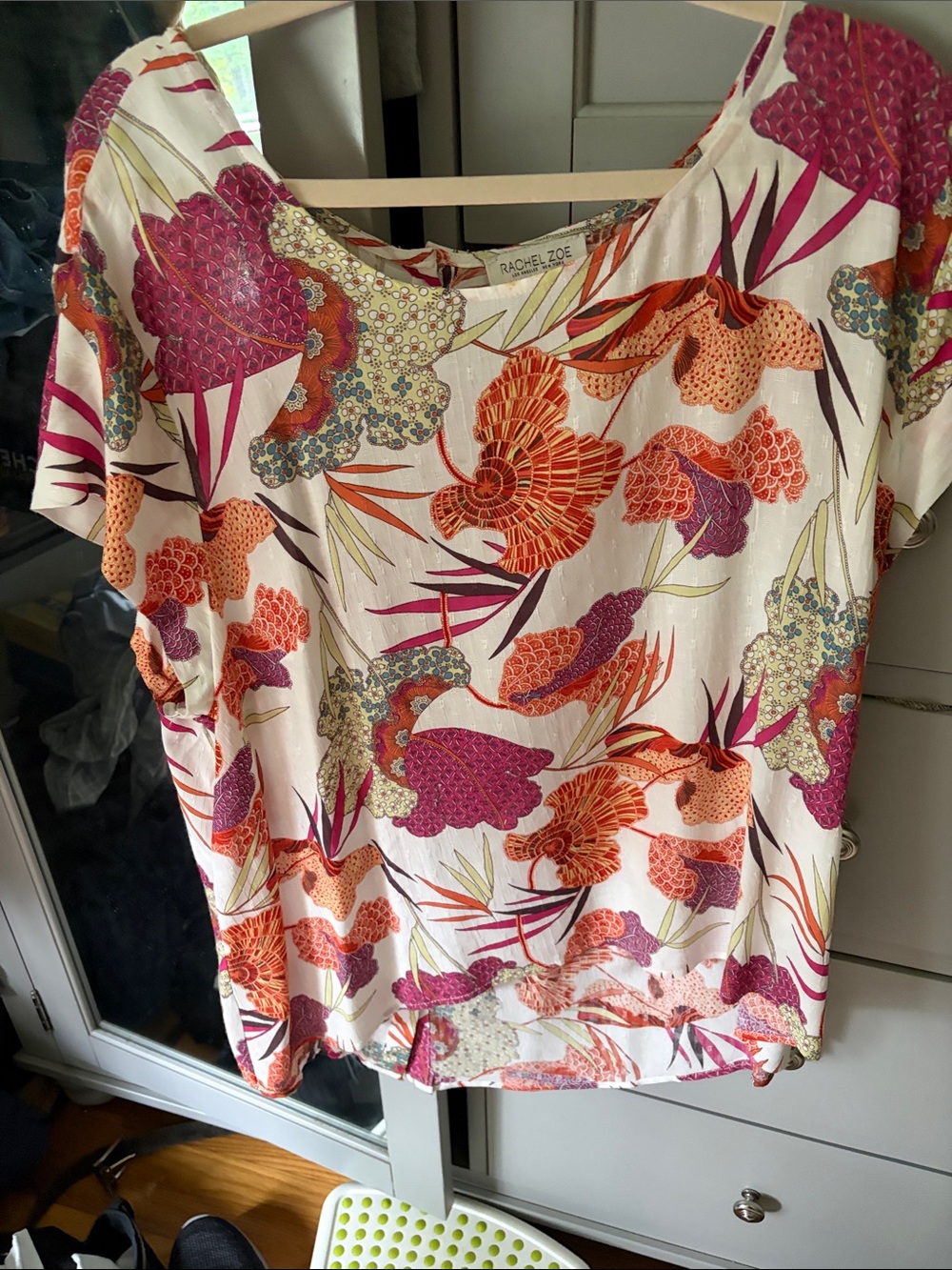 Rachel Zoe White Scoop Neck Blouse with Pink & Orange Floral Print
